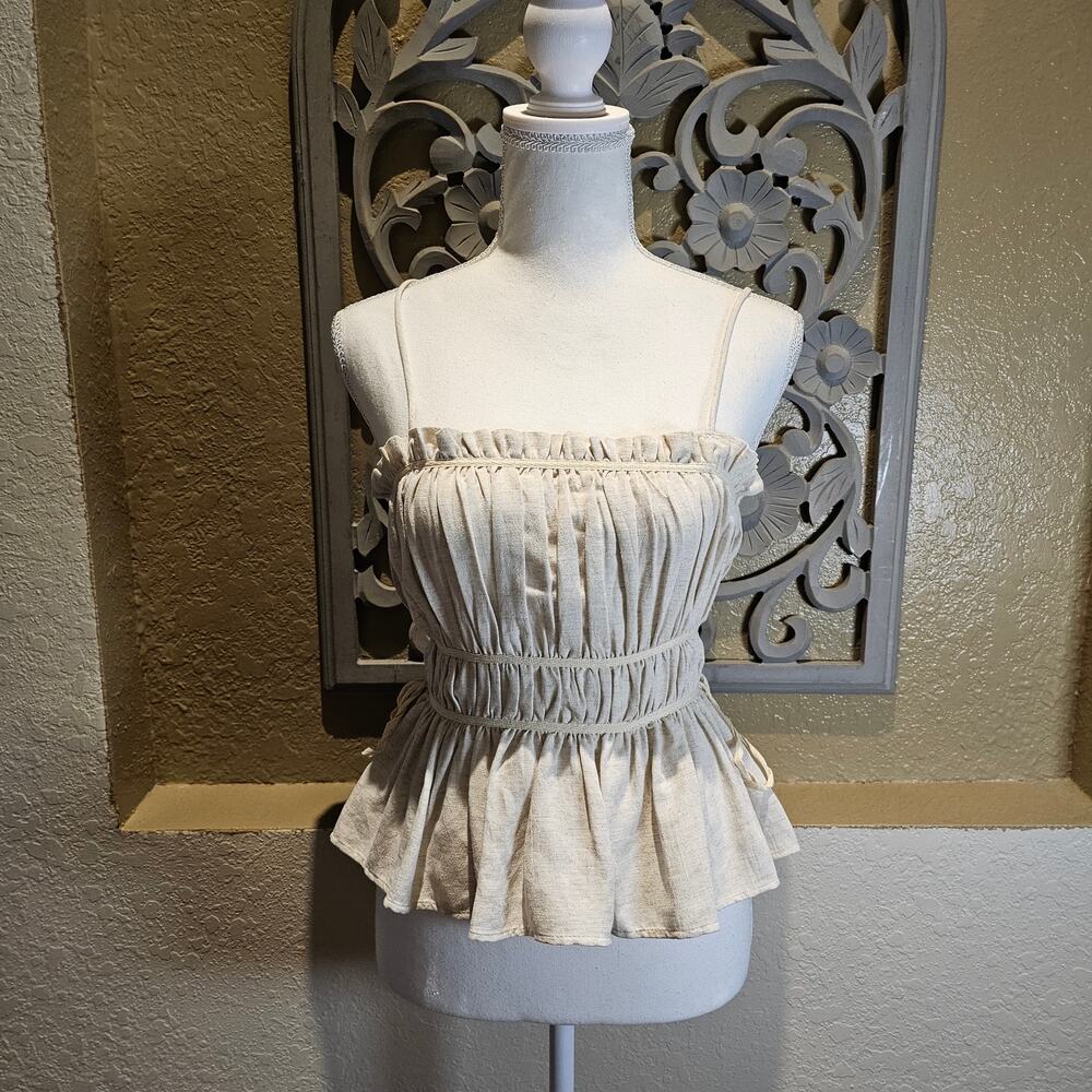 Zara XS Linen Blend Peplum Cami Top Cottagecore Coquette Romantic Milkmaid - Picture 3 of 13